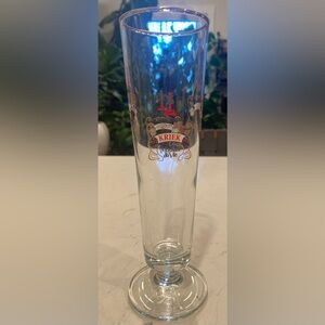 Lindemans Beer glass, 1 tall clear 4 fruit emblems gold rim engraved.